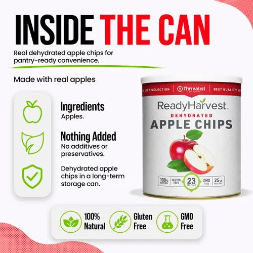 Vista 5 de Ready Harvest Alimentos deshidratados - Chips de manzana Alimentos de emergencia Kits de campamento y supervivencia Lata #10 Vida útil de 25