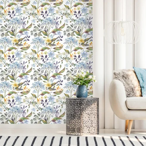 Vista 4 de VEELIKE Papel tapiz de flores de hortensias azules de 17.7 x 118 pulgadas, para despegar y pegar, papel tapiz floral de hojas de eucalipto