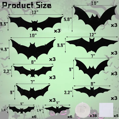 Vista 3 de DR.DUDU - Paquete de 36 murciélagos para decoración de pared de murciélagos para interiores Light Up Green LED, Assorted Size, 3D Bat Stickers