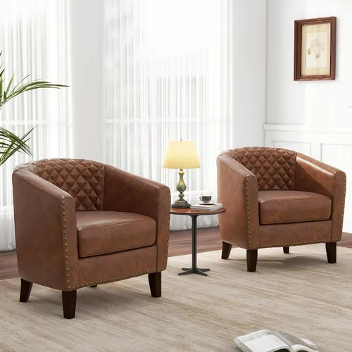 Vista 22 de Pia Ricco Silla de Acento Tipo Barril de Cuero Sintético, Silla de Club Moderna con Brazos, Cómoda Silla Individual Tapizada con Patas de Madera
