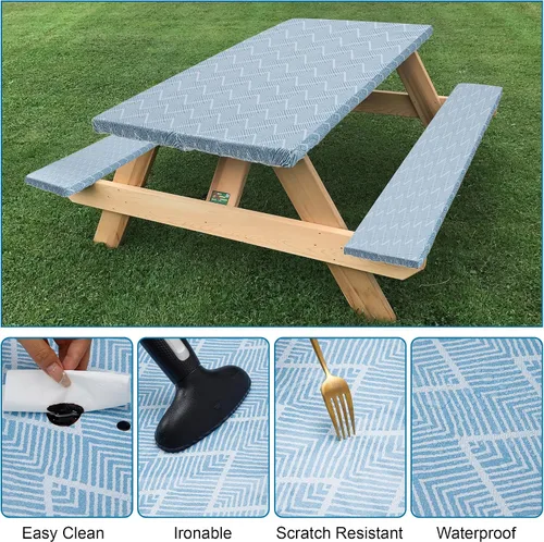 Vista 5 de Funda de mesa de picnic ajustable con fundas para banco, 3 piezas, impermeable, para campamento, pícnic, con borde elástico
