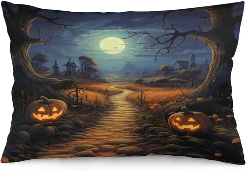 Vista 8 de Fundas de almohada frescas de casa embrujada, castillo, luna, bosque medieval, calabaza, fundas de almohada rectangulares con cremallera invisible