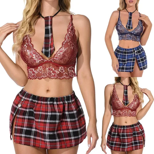 Vista 6 de Lencería para mujer colegiala, traje sexy para niña de la escuela, juego de rol, conjunto de lencería de talla grande, falda de escuela