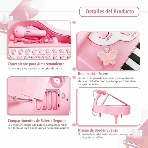 Vista 7 de Love & Mini - Piano/teclado de juguete para niños de 3 a 5 años como regalo de cumpleaños, con 24 teclas, color rosa; instrumento musical de juguete
