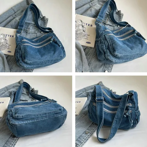 Vista 6 de Bolso de hombro grande retro para mujer de lona de denim, bolso cruzado de denim, bolso ligero informal, bolso de mano con asa superior