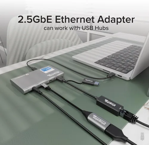 Vista 8 de Plugable Adaptador USB-C 2.5G y USB a Ethernet – Conector Dual 2-en-1 USB-C a RJ45 2.5Gbps LAN, Compatible con Thunderbolt 5 & 4, USB4, USB 3.0