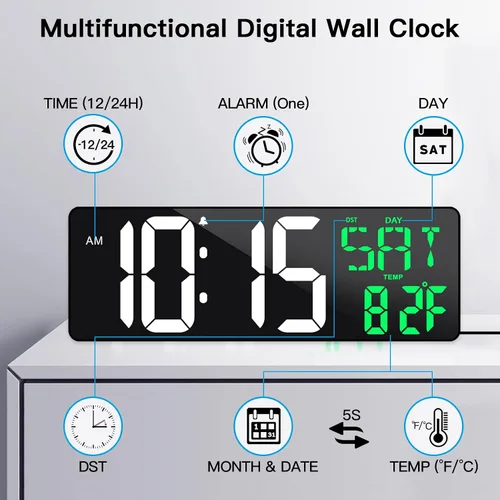 Vista 7 de Reloj de pared digital grande de 17 pulgadas con control remoto, atenuador automático, temperatura de fecha, temporizador Large clear display