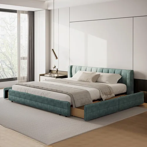 Vista 17 de Marco de cama tamaño Queen con cabecero suave tipo nube, base de cama de madera con tapizado de chenilla, no necesita somier - Beige Marco de cama