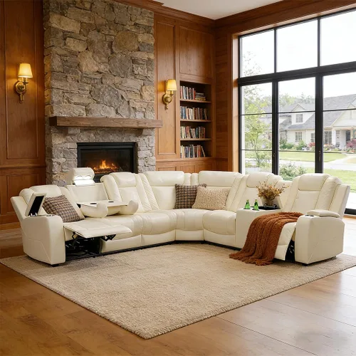 Vista 9 de Juego de sofá seccional reclinable de cuero, sofá seccional con 4 sillones reclinables Juegos de muebles de sala con 3 reclinables, luz LED