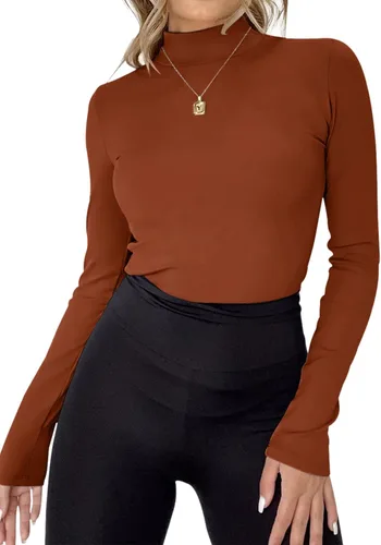 Vista 3 de Rapbin Camiseta de manga larga para mujer, cuello alto, básica, elástica, ajustada, ligera, térmica
