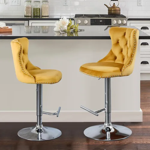 Vista 112 de SoarFlash Juego de 2 taburetes de bar tapizados de terciopelo moderno con patas de madera, botones acolchados, cabeza de clavo cromada, asiento