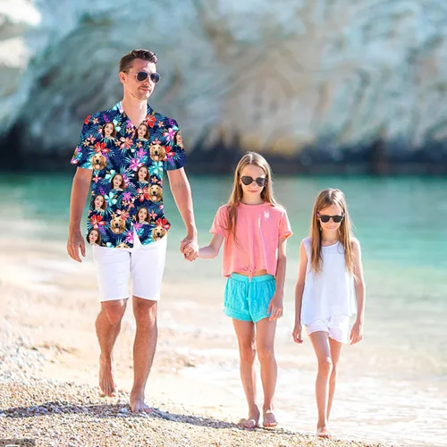 Vista 3 de Camisa hawaiana personalizada con imagen de mascota, divertida camisa hawaiana con cara personalizada divertida camisas con botones para hombres
