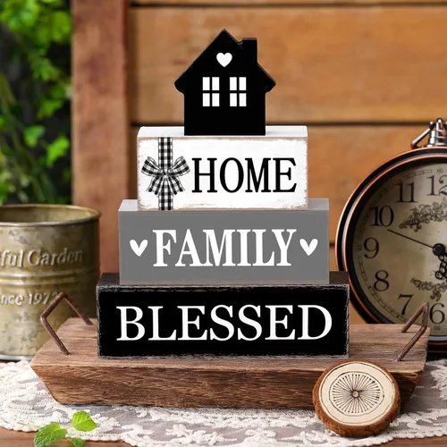 Vista 2 de Cinnvoice Decoración rústica de mesa de granja, letreros de bendición para decoración del hogar, letrero de madera neutral para la familia, centro