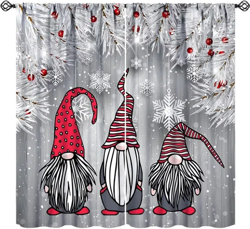 Vista 17 de Cortinas de Navidad de gnomo, bolas de árbol de Navidad, luces, regalos, decoración de tablones para sala de estar, dormitorio, bolsillo para barra