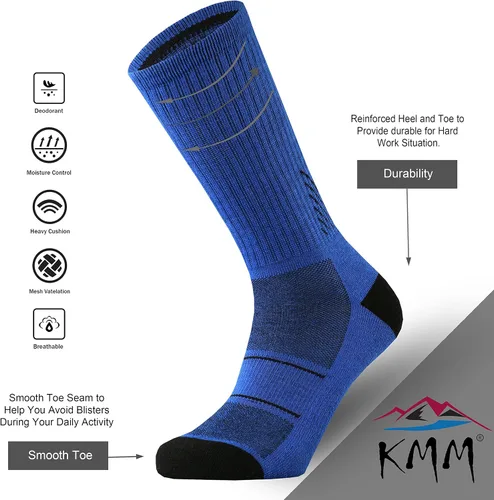 Vista 3 de KMM Men's Merino Wool Cushion Crew Socks Moisture Wicking Control Medium Weight Warm for Outdoor Hiking Hike Trail Cycling