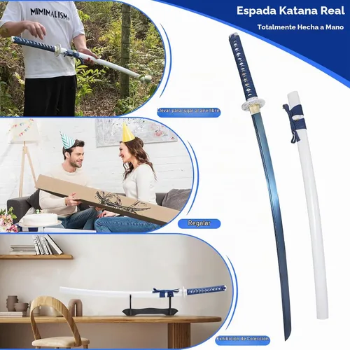Vista 4 de Wuton Espada Katana real afilada 1060 de acero de alto carbono, espada samurái real de espiga completa lista para batalla, espadas samuráis