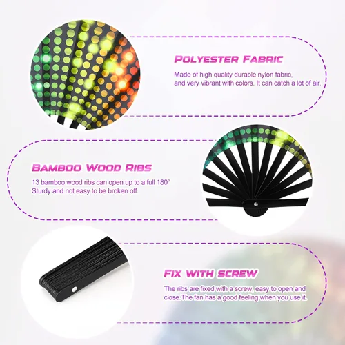 Vista 6 de Geetery Abanico grande plegable para rave para mujeres/hombres, fiesta de carnaval, arco iris, patrón de lentejuelas, orgullo, ventilador de mano