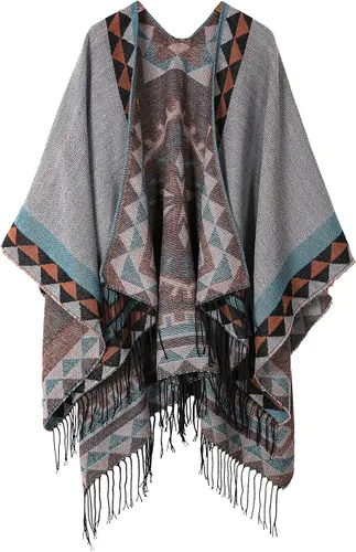 Vista 15 de Chales cálidos para mujer, cárdigan con frente abierto, estilo vintage, poncho