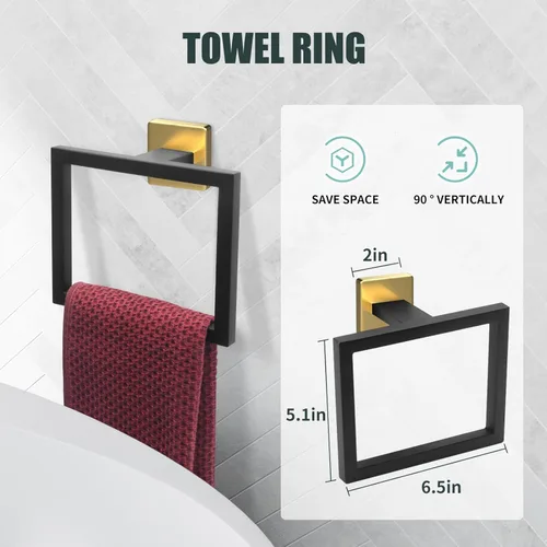 Vista 3 de Juego de barras para toallas de 5 piezas en negro y dorado - Accesorios de baño dorados y negros con 2 ganchos para toallas, juego de barras