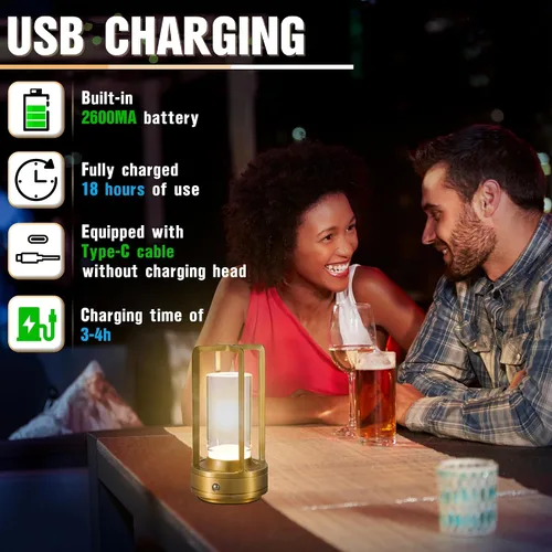 Vista 3 de Lámpara de mesa portátil de metal, lámpara de mesa inalámbrica, luces recargables alimentadas por batería, lámparas de mesa LED, atenuación continua