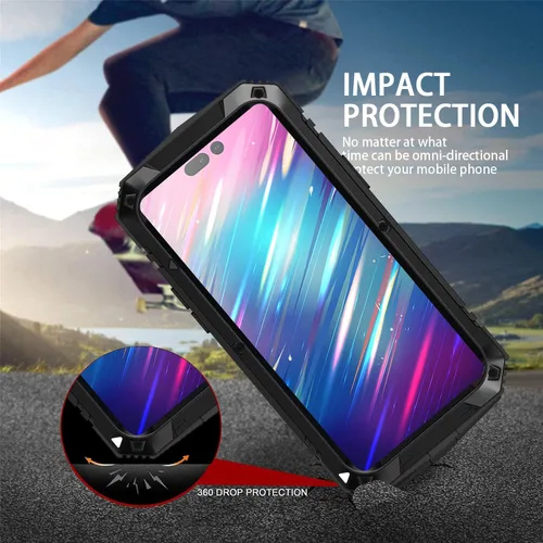 Vista 7 de Funda de metal para iPhone 14 5G con función atril y protector de pantalla integrado, funda para cámara, resistente armadura militar duradera