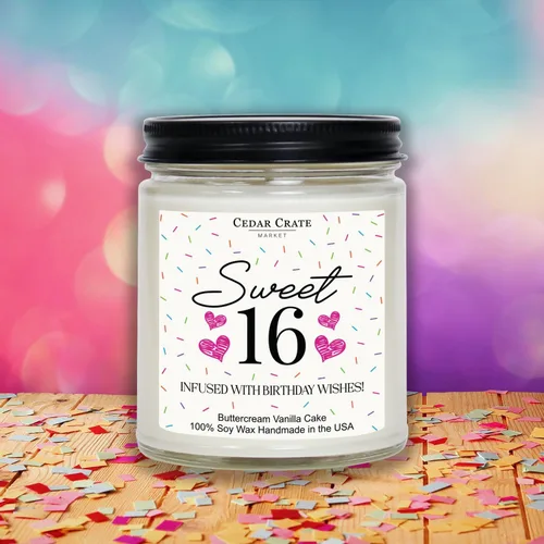 Vista 3 de Cedar Crate Market -Regalos de cumpleaños número 16 para niñas, vela de cumpleaños dulce de 16 años, aroma a pastel de vainilla y crema de Dulce 16
