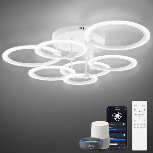 Vista 10 de Lámpara de techo LED, lámpara de techo moderna de 6 anillos, 77 W regulable 3000K a 6500K, luz de techo blanca con control remoto para sala