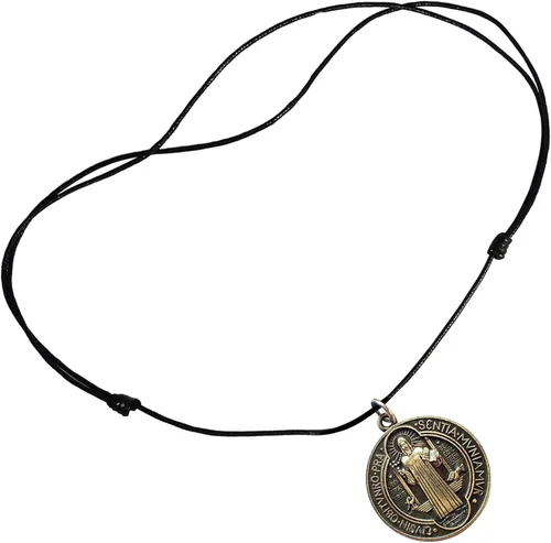 Vista 4 de Bijoux de Ja Collar con dije de medalla de San Benito de Nursia de bronce antiguo cordón ajustable 16 pulgadas Cordón