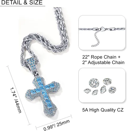 Vista 6 de Collar de cruz para hombres y mujeres, colgante chapado en oro blanco con circonita cúbica, joyería de crucifijo de 22 pulgadas + cadena de cuerda