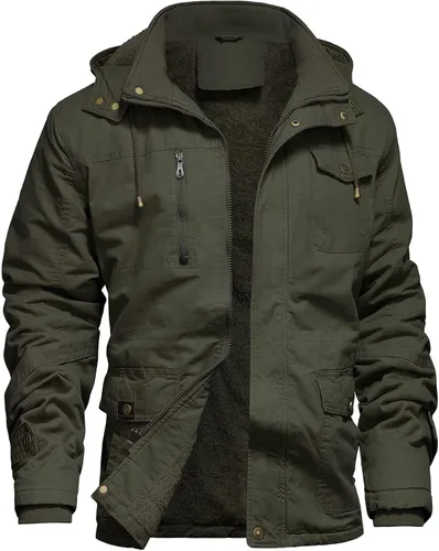 Vista 10 de Chaqueta de invierno para hombre, chaqueta militar, chaqueta tipo cargo con forro polar, chaqueta cálida con capucha desmontable, chaqueta