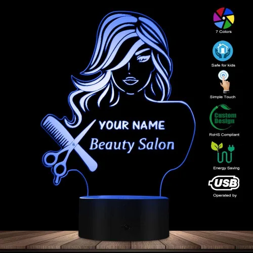 Vista 5 de The Geeky Days Salón de belleza 3D LED noche luz peluquería peluquería tijeras peine mesa escritorio lámpara nombre personalizado diseño moderno