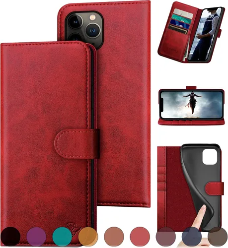 Vista 10 de DuckSky Funda tipo cartera de piel auténtica para iPhone 11 Pro con bloqueo RFID, 4 tarjeteros de crédito. Cuero auténtico. Funda protectora