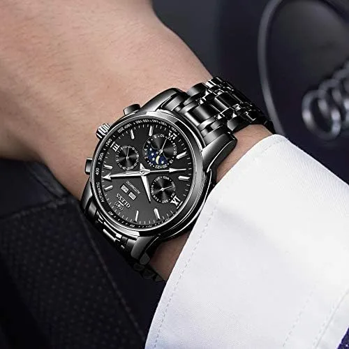 Vista 6 de OLEVS Reloj de pulsera para hombre, diseño de esqueleto, automático, de lujo, con cara grande, multicalendario, de acero inoxidable, impermeable