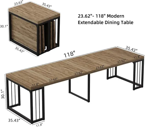 Vista 3 de KEIKI Mesa de comedor plegable extensible de 23.62 a 118 pulgadas de largo para 2 a 10 personas, muebles de madera moderna y rústica rectangular