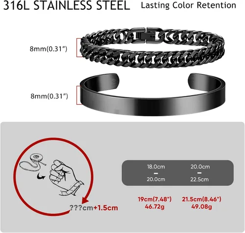 Vista 5 de XUANPAI Pulseras de plata personalizadas para hombre, 2 pulseras de acero inoxidable con eslabones cubanos para hombre, joyería de regalo para papá