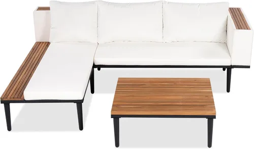 Vista 7 de KLMM Sofá modular de madera de acacia en forma de L para patio con cojines extraíbles y mesa auxiliar, juego de conversación al aire libre con mesa