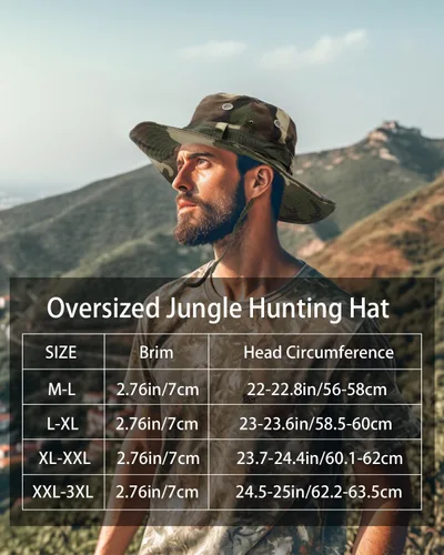 Vista 7 de Zylioo Sombreros Boonie de gran tamaño XXL, sombrero táctico militar de safari para cabezas grandes, sombreros de caza ligeros con correa