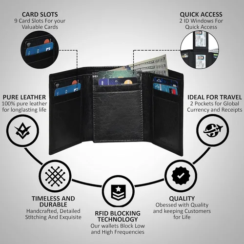 Vista 57 de Cartera de cuero RFID hecha a mano para hombres, elegante cartera de bolsillo frontal triple con 2 ranuras para identificación y 9 tarjetas, Azul