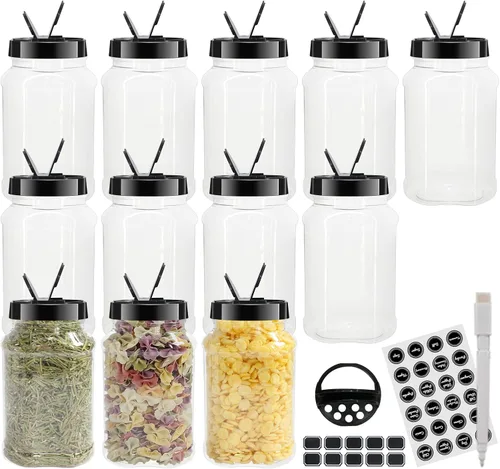 Vista 8 de Paquete de 12 tarros de especias de plástico transparente de 4 onzas con tapas de plástico negro, botellas cuadradas de especias, recipientes