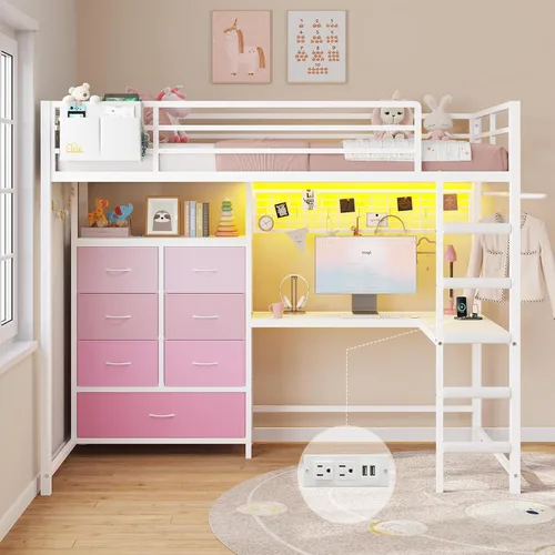Vista 10 de DICTAC Cama alta individual con escritorio en forma de L y 7 cajones de almacenamiento, cama alta de metal tamaño individual para niños con luces