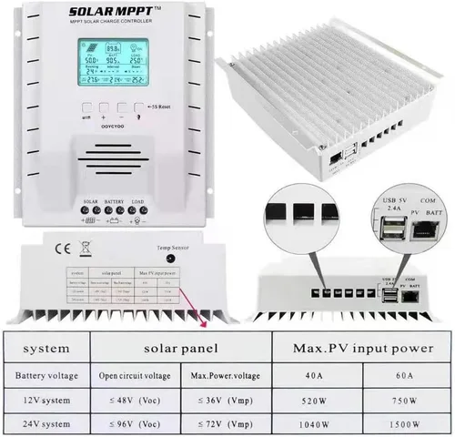 Vista 2 de Controlador de carga MPPT 60 amperios, regulador de carga de panel solar 12V 24V Auto 60A, entrada máxima 100V con pantalla LCD para batería