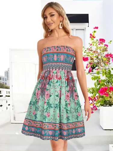 Vista 4 de CHICGAL - Vestido de verano para mujer, salida de baño, sin tirantes, diseño bohemio, estampado floral, vestido para la playa