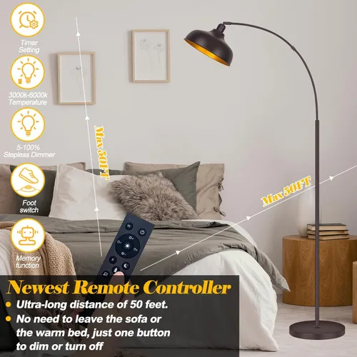 Vista 2 de Lámparas de pie de arco bronce, lámparas de pie para sala de estar con control remoto, interruptor de pie, pantalla de metal, lámpara de pie