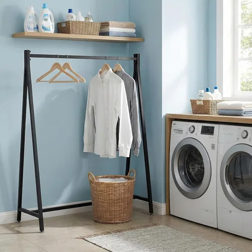 Vista 4 de MyGift Percheros de ropa modernos de metal resistente de 47 pulgadas con marco en A para colgar ropa, percheros independientes de grado comercial
