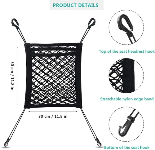 Vista 2 de Barrera de red para auto de 3 capas con organizador de malla de seguridad automática, bolsa de almacenamiento de malla elástica universal