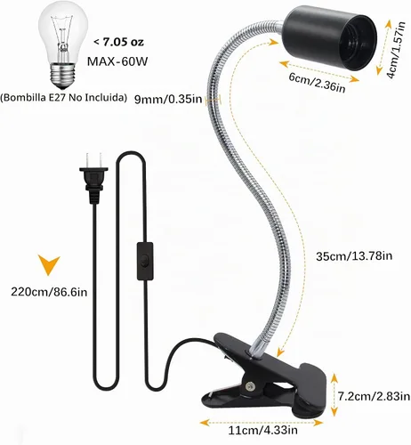 Vista 2 de Soporte de Lámpara con Clip Ajustable Interruptor Luz de Clip Flexible Soporte de Lámpara con Clip Soporte de Lámpara de Escritorio con Clip Zócalo