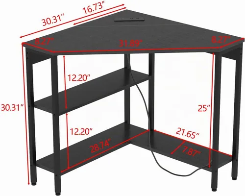 Vista 3 de Escritorio esquinero triangular con tomas de corriente, estantes de almacenamiento para espacio pequeño 90 Degree Corner Table with CPU Stand