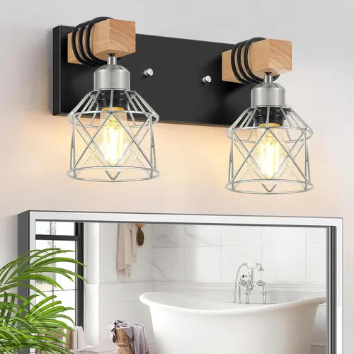 Vista 16 de FadimiKoo Juego de 2 apliques de pared, lámparas de pared de madera de cabecera con interruptor giratorio, lámpara de tocador de baño negra