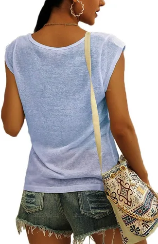 Vista 2 de Langwyqu - Camiseta de manga casquillo para mujer, blusas estilo informal, holgadas y básicas
