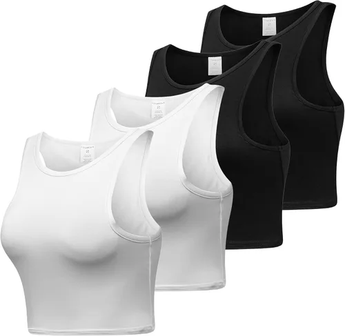 Vista 2 de Formeet17 4 piezas de camiseta corta básica sin mangas para mujer, cuello redondo